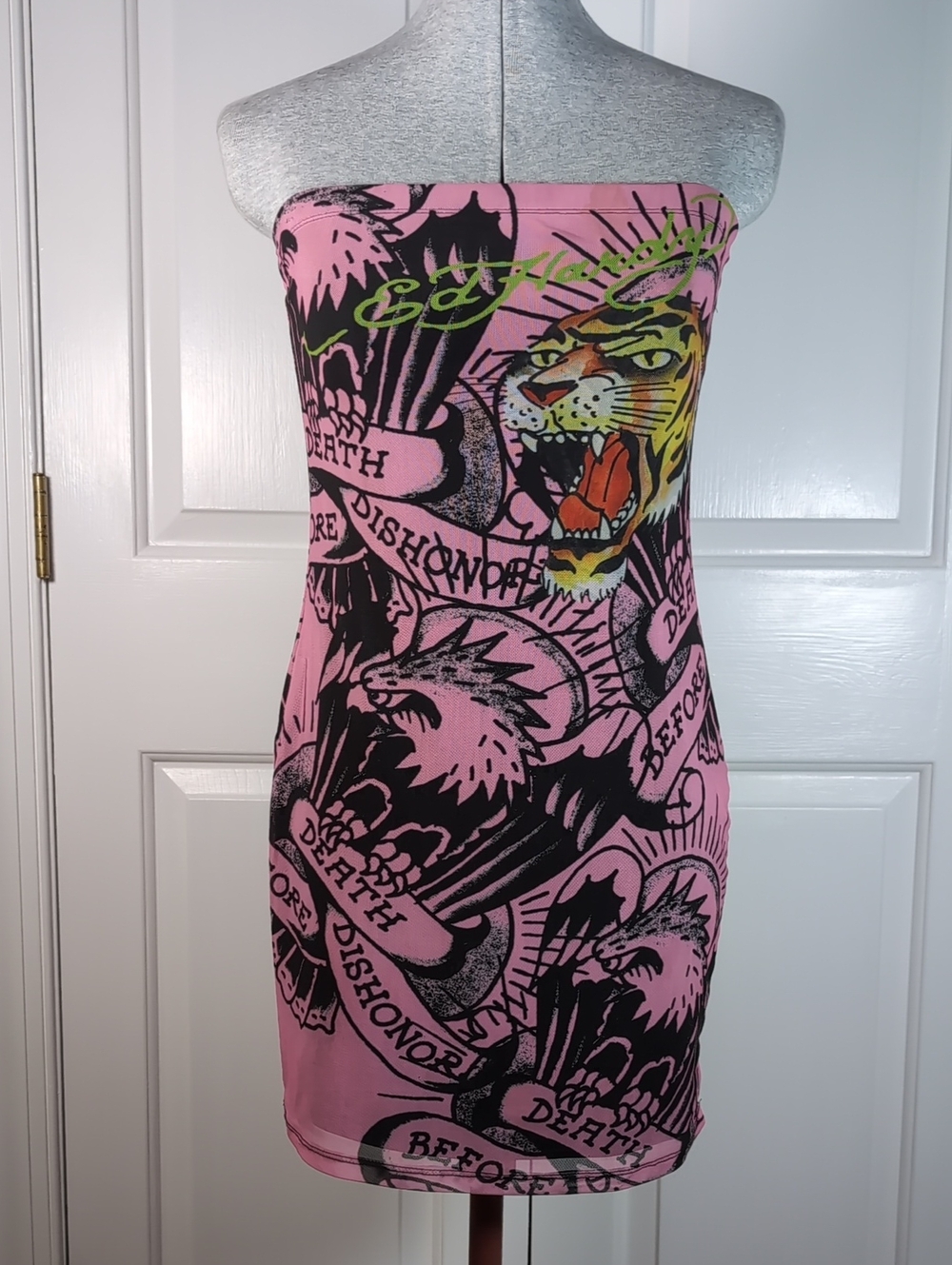 Ed Hardy Pink Y2K Death Before Dishonor Tattoo Graphic Mesh Strapless Tube Dress